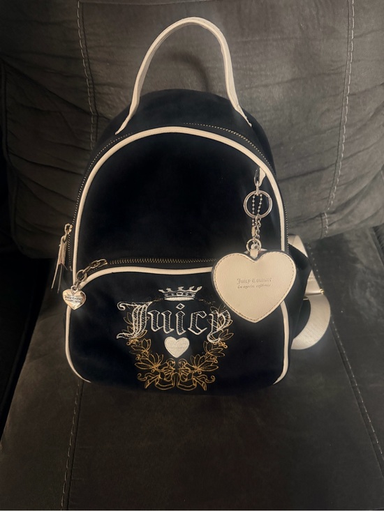 Juicy Couture Handbags - Juicy Couture Black Velvet Mini Backpack with White Trim and Heart Charm